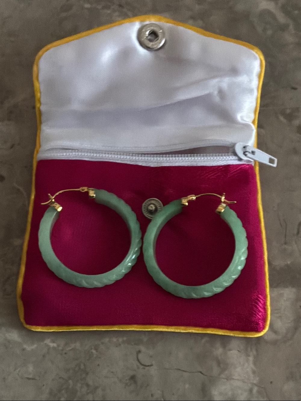 Green Jade Hoop Earrings 14K Gold Plated